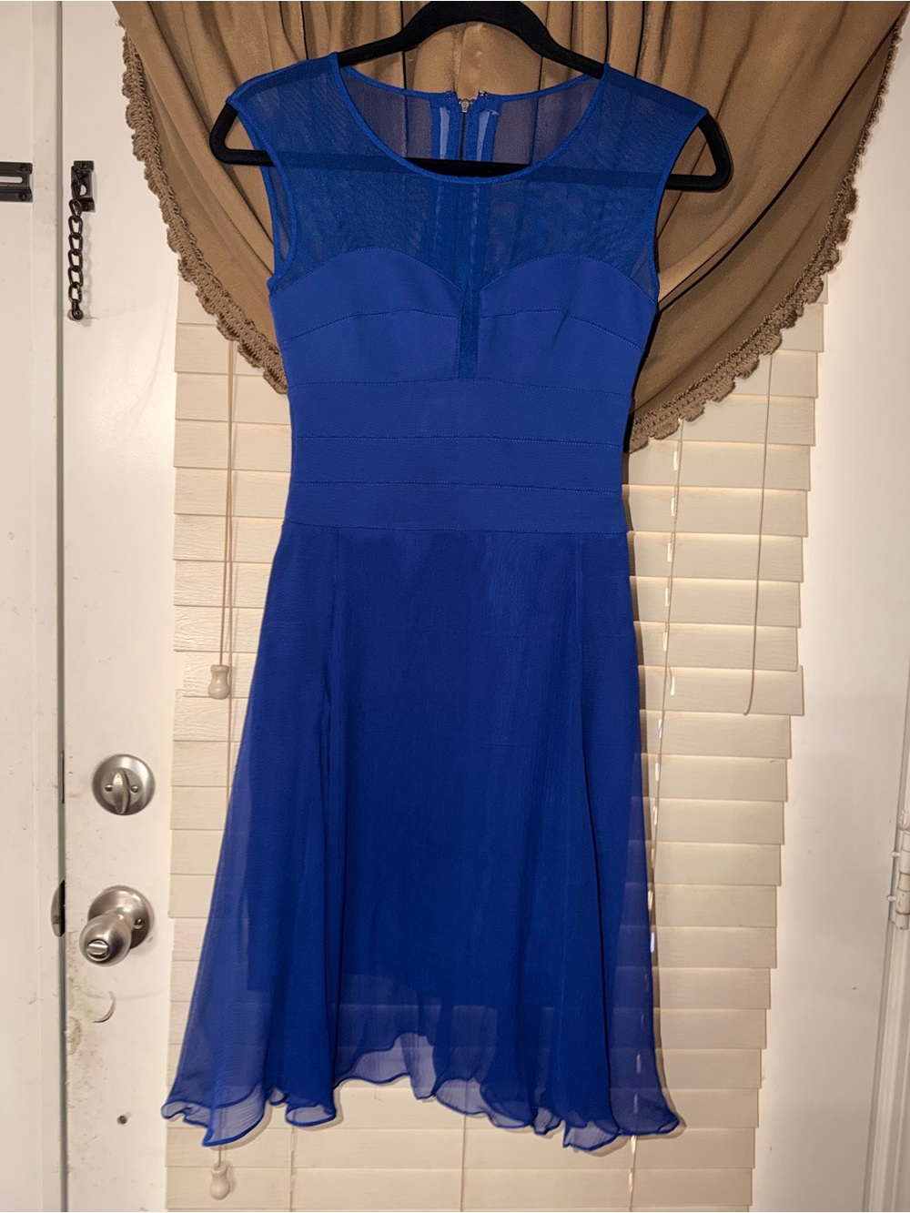BCBGMaxAzria Cobalt Blue Mesh Yoke A-Line Midi Dress